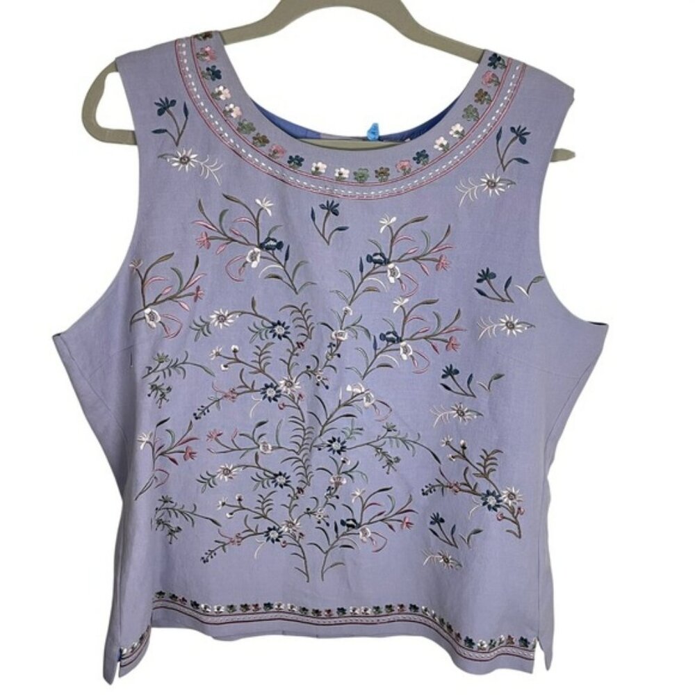Silkland Womens XL Periwinkle Silk Linen Floral Embroidered Button Back Tank Top